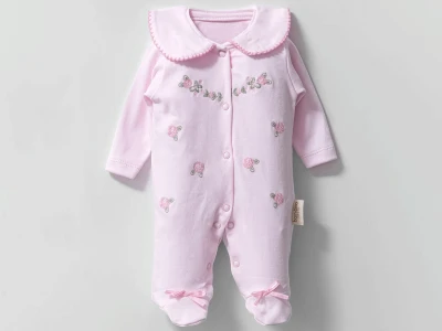 Toptan BAM-BİNO Çiçek Nakışlı Kız Bebe Tulum PEMBE - Beniz Bebe