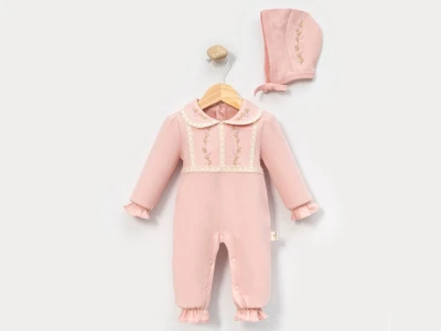 Toptan CAYZEN Çiçek Nakışlı Kız Bebek Tulum PEMBE - Beniz Bebe