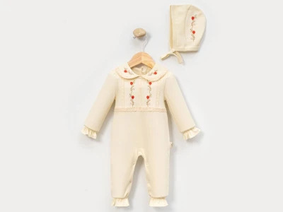 Toptan CAYZEN Çiçek Nakışlı Kız Bebek Tulum BEJ - Beniz Bebe