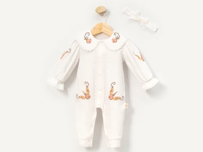 Toptan CAYZEN Çiçek Nakışlı Kız Bebek Tulum BEYAZ - Beniz Bebe