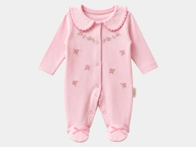 Toptan BAM-BİNO Çiçek Nakışlı Kız Bebek Premature Tulum PUDRA - Beniz Bebe