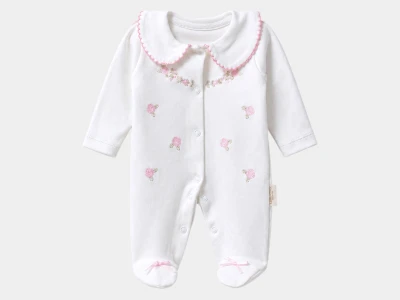 Toptan BAM-BİNO Çiçek Nakışlı Kız Bebek Premature Tulum BEYAZ - Beniz Bebe