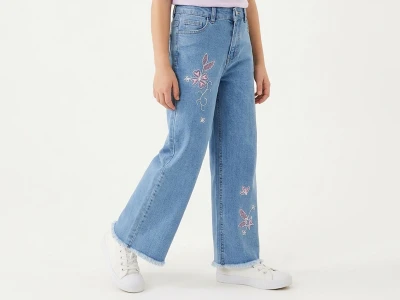 Toptan NAWİ Çiçek Nakışlı Kız Çocuk Kot Pantolon - Toptan Çocuk Giyim Beniz Kids