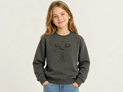 Toptan İ-CAN Çiçek Nakışlı Kız Sweat FÜME - Beniz Bebe