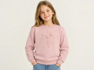 Toptan İ-CAN Çiçek Nakışlı Kız Sweat PEMBE - Beniz Bebe