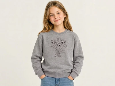 Toptan İ-CAN Çiçek Nakışlı Kız Sweat GRİ - Beniz Bebe