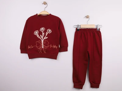 Toptan FEELY KİDS Çiçek Nakışlı Kız Takım Burgundy - Beniz Bebe