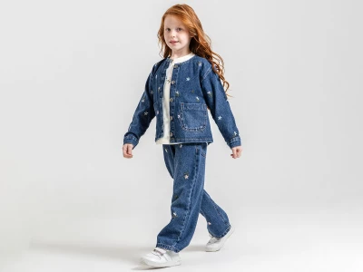 Toptan ECOLKIZ Çiçek Nakışlı Kot Ceketli Üçlü Kız Takım - Toptan Çocuk Giyim Beniz Kids