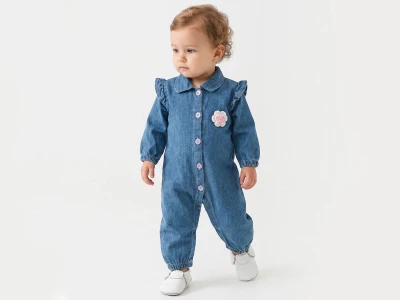 Toptan BAM-BİNO Çiçek Nakışlı Kot Kız Bebe Tulum  - Toptan Çocuk Giyim Beniz Kids