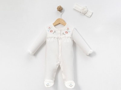 Çiçek Nakışlı Patikli Kız Bebe Tulum