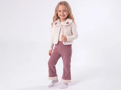 Toptan ÇİLEK BEBE Çiçek Nakışlı Peluş Yelekli Üçlü KızTakım Розовый - Beniz Bebe