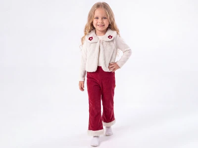 Toptan ÇİLEK BEBE Çiçek Nakışlı Peluş Yelekli Üçlü KızTakım KIRMIZI - Beniz Bebe