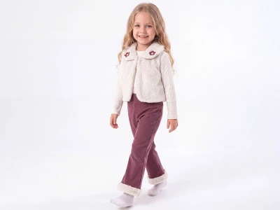 Toptan ÇİLEK BEBE Çiçek Nakışlı Peluş Yelekli Üçlü KızTakım Сушеная роза - Beniz Bebe