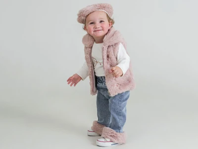 Toptan PAMPAL KİDS Çiçek Nakışlı Şapkalı Yelekli Kız Bebe Dörtlü Takım  GÜLKURUSU - Beniz Bebe