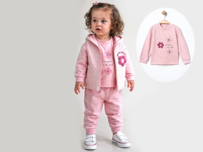 Toptan ÇITIR KİDS Çiçek Nakışlı Şapkalı Yelekli Kız Bebe Üçlü Takım  - Toptan Çocuk Giyim Beniz Kids