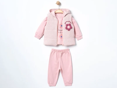 Toptan ÇITIR KİDS Çiçek Nakışlı Şapkalı Yelekli Kız Bebe Üçlü Takım  PUDRA - Beniz Bebe