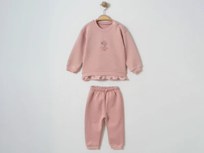 Toptan ÇITIR KİDS Çiçek Nakışlı Şardonlu 3 İp Kız Bebek Takım PEMBE - Beniz Bebe