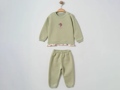 Toptan ÇITIR KİDS Çiçek Nakışlı Şardonlu 3 İp Kız Bebek Takım YEŞİL - Beniz Bebe