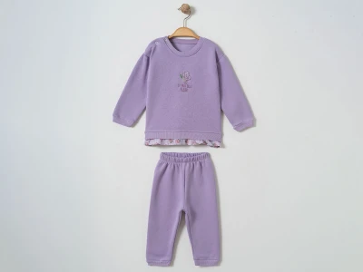 Toptan ÇITIR KİDS Çiçek Nakışlı Şardonlu 3 İp Kız Bebek Takım LİLA - Beniz Bebe