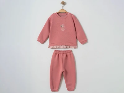Toptan ÇITIR KİDS Çiçek Nakışlı Şardonlu 3 İp Kız Bebek Takım GÜLKURUSU - Beniz Bebe