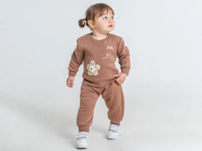 Toptan PAMPAL KİDS Çiçek Nakışlı Şardonlu 3 İp Kız Bebek Takım KAHVERENGİ - Beniz Bebe