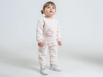 Toptan PAMPAL KİDS Çiçek Nakışlı Şardonlu 3 İp Kız Bebek Takım EKRU - Beniz Bebe