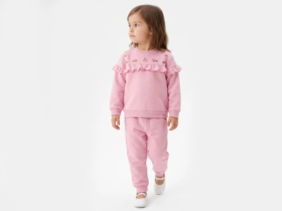 Toptan VOVİDO Çiçek Nakışlı Şardonlu 3 İp Kız Takım - Toptan Çocuk Giyim Beniz Kids
