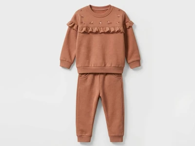 Toptan VOVİDO Çiçek Nakışlı Şardonlu 3 İp Kız Takım KAHVERENGİ - Beniz Bebe