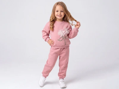 Toptan FEELY KİDS Çiçek Nakışlı Taş Detaylı 3 İp Şardonlu Kız Takım   - Toptan Çocuk Giyim Beniz Kids