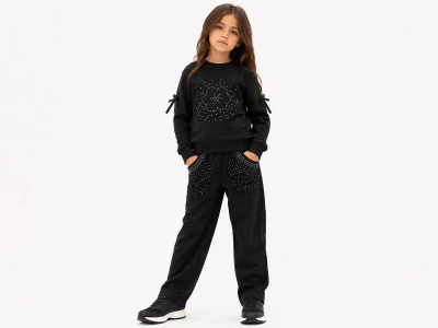 Toptan LADY GOLD Çiçek Nakışlı Taş Detaylı Kız Takım  - Toptan Çocuk Giyim Beniz Kids