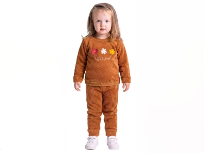 Toptan LİZARD Çiçek Nakışlı Well Soft Pelluş Kız Takım  Коричневый - Beniz Bebe