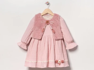 Toptan EBRULİ Çiçek Nakışlı Well Soft Peluş Yelekli Kız Elbise  PEMBE - Beniz Bebe