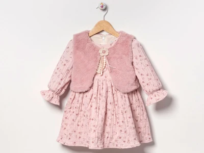 Toptan EBRULİ Çiçek Desenli Well Soft Peluş Yelekli Kız Elbise  - Toptan Çocuk Giyim Beniz Kids
