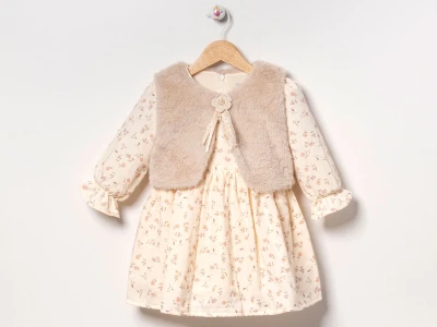 Toptan EBRULİ Çiçek Desenli Well Soft Peluş Yelekli Kız Elbise  BEJ - Beniz Bebe