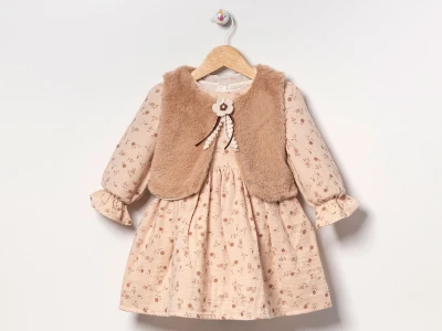 Toptan EBRULİ Çiçek Desenli Well Soft Peluş Yelekli Kız Elbise  KAHVERENGİ - Beniz Bebe
