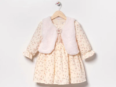 Toptan EBRULİ Çiçek Desenli Well Soft Peluş Yelekli Kız Elbise  PUDRA - Beniz Bebe