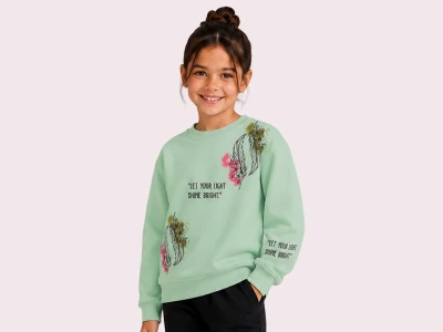 Toptan ROYA KİDS Çiçek & Tüy Baskılı 3 İp Şardonlu Kız Sweat  - Toptan Çocuk Giyim Beniz Kids