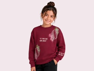Toptan ROYA KİDS Çiçek & Tüy Baskılı 3 İp Şardonlu Kız Sweat  BORDO - Beniz Bebe