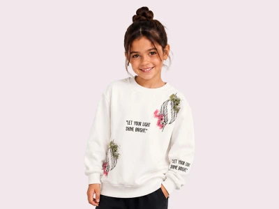 Toptan ROYA KİDS Çiçek & Tüy Baskılı 3 İp Şardonlu Kız Sweat  BEYAZ - Beniz Bebe