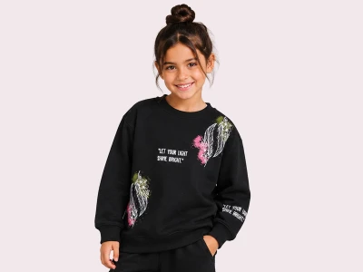 Toptan ROYA KİDS Çiçek & Tüy Baskılı 3 İp Şardonlu Kız Sweat  SİYAH - Beniz Bebe