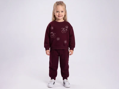 Toptan FEELY KİDS Çiçek & Vişne Nakışlı 3 İp Şardonlu Kız Takım  - Toptan Çocuk Giyim Beniz Kids