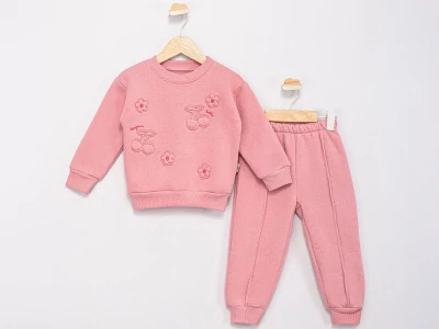 Toptan FEELY KİDS Çiçek & Vişne Nakışlı 3 İp Şardonlu Kız Takım  PEMBE - Beniz Bebe