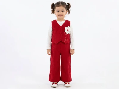 Toptan ÇİLEK BEBE Çiçey Detaylı Yelekli Kadife Üçlü Kız Takım KIRMIZI - Beniz Bebe