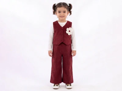 Toptan ÇİLEK BEBE Çiçey Detaylı Yelekli Kadife Üçlü Kız Takım MÜRDÜM - Beniz Bebe