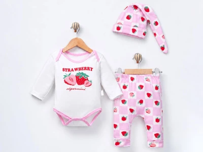 Toptan SÜPERMİNİ Çilek Baskılı 3'lü Kız Bebek Takım - Toptan Çocuk Giyim Beniz Kids