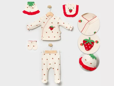 Toptan CAYZEN Çilek Desenli Kız Bebe Hastane Çıkışı 5'li Zıbın Set  - Toptan Çocuk Giyim Beniz Kids