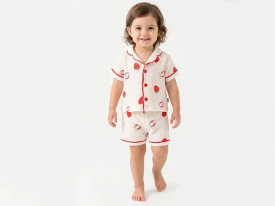 Çilek Desenli Yakalı Düğmeli Müslin Kız Pijama Takım