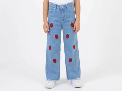 Toptan NAWİ Çilek Detay Kız Kot Pantolon - Toptan Çocuk Giyim Beniz Kids
