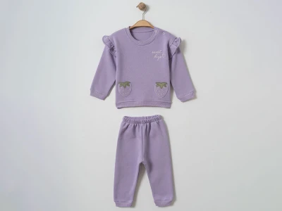 Toptan ÇITIR KİDS Çilek Nakışlı 3 İp Şardonlu Kız Bebe Takım  LİLA - Beniz Bebe