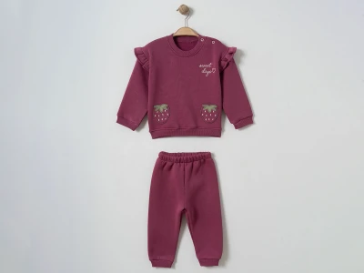 Toptan ÇITIR KİDS Çilek Nakışlı 3 İp Şardonlu Kız Bebe Takım  VİŞNEÇÜRÜĞÜ - Beniz Bebe